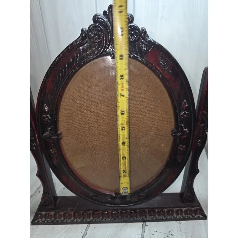 Vtg Ornate Victorian Style Oval Faux Wood Freestanding Photo Picture Frame Brown